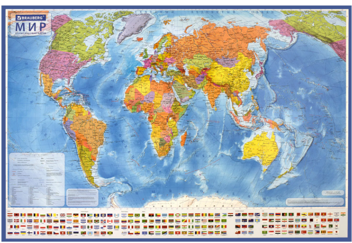 Карта мира политическая 117х80 см,  с ламинацией, интерактивная, европодвес, BRAUBERG, 112384