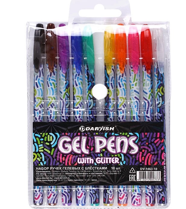 Набор гелевых ручек 10 цв. Darvish c блестками, 1,0 мм, европодвес, DV-1463-10