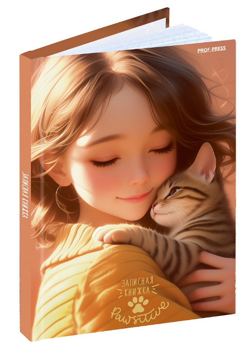 ЗАПИСНАЯ КНИЖКА А6 48л. ДЕВУШКА И КОТЁНОК,  7БЦ, глянц.ламинир., лен, 48-7100