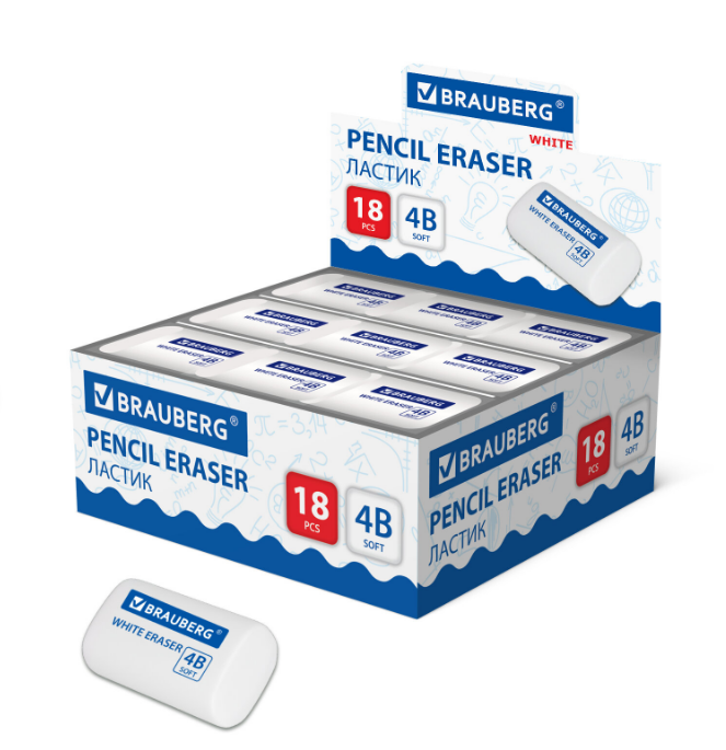 Ластик BRAUBERG 'WHITE', 45х28х12 мм, скошенный, белый, 272734