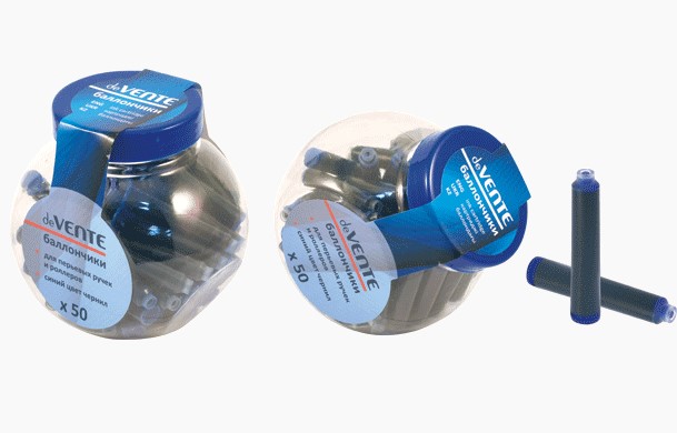 Баллончики для перьевых ручек 'deVENTE' 0,8 мл, синие чернила, в пластиковой банке, 5100700