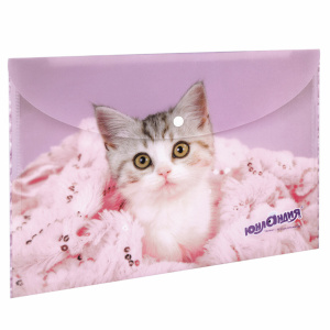 Папка конверт с кнопкой ЮНЛАНДИЯ "Котёнок", А4 , 160 мкм , до 100 листов, 228049