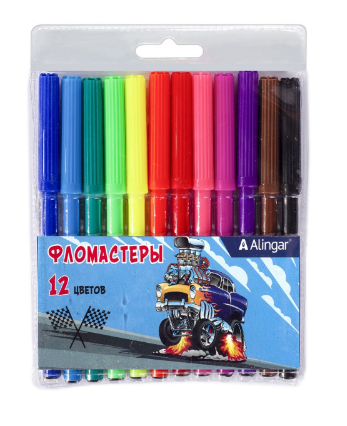 Фломастеры, 12 цв, Alingar, смываемые чернила, корпус круглый, Машины, AL8974