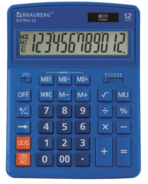 Калькулятор настольный BRAUBERG EXTRA-12-BU (206x155 мм),12 разрядов, двойное питание, СИНИЙ, 250482