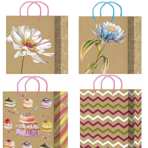 Пакет подарочный крафтовый , 220х310х100 , mix MLK, ML018;ML016;020;022