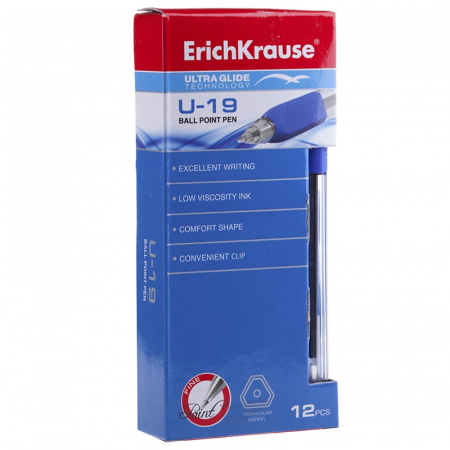 Ручка шариковая ErichKrause "U-19", синяя, 0.6 мм, корпус прозрачный, EK33519