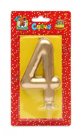Свеча для торта "Цифра 4. Золотой металлик" Миленд, картон. уп., европодвес, С-1866