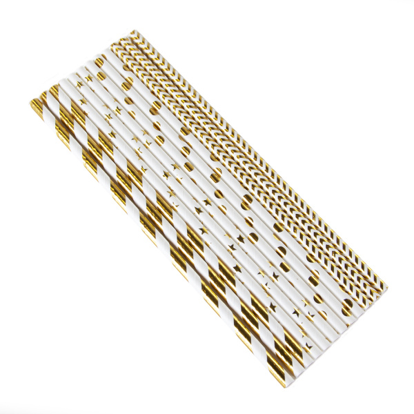 Трубочки для коктейлей, Золотой микс, Белый;Золото, металлик, (12 шт;уп), 6231316