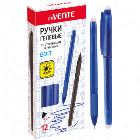 Ручка гелевая пиши-стирай deVENTE "Edit" d=0,7 мм, синий, 2 резинки, смен. стержень, 5051790