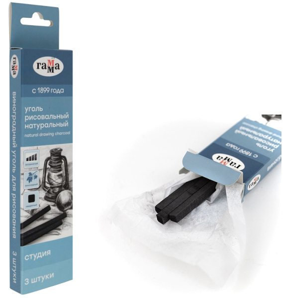 Уголь рисовальный натуральный Гамма 'Студия' экстрамягкий квадратный (3 шт;уп), 080219_01